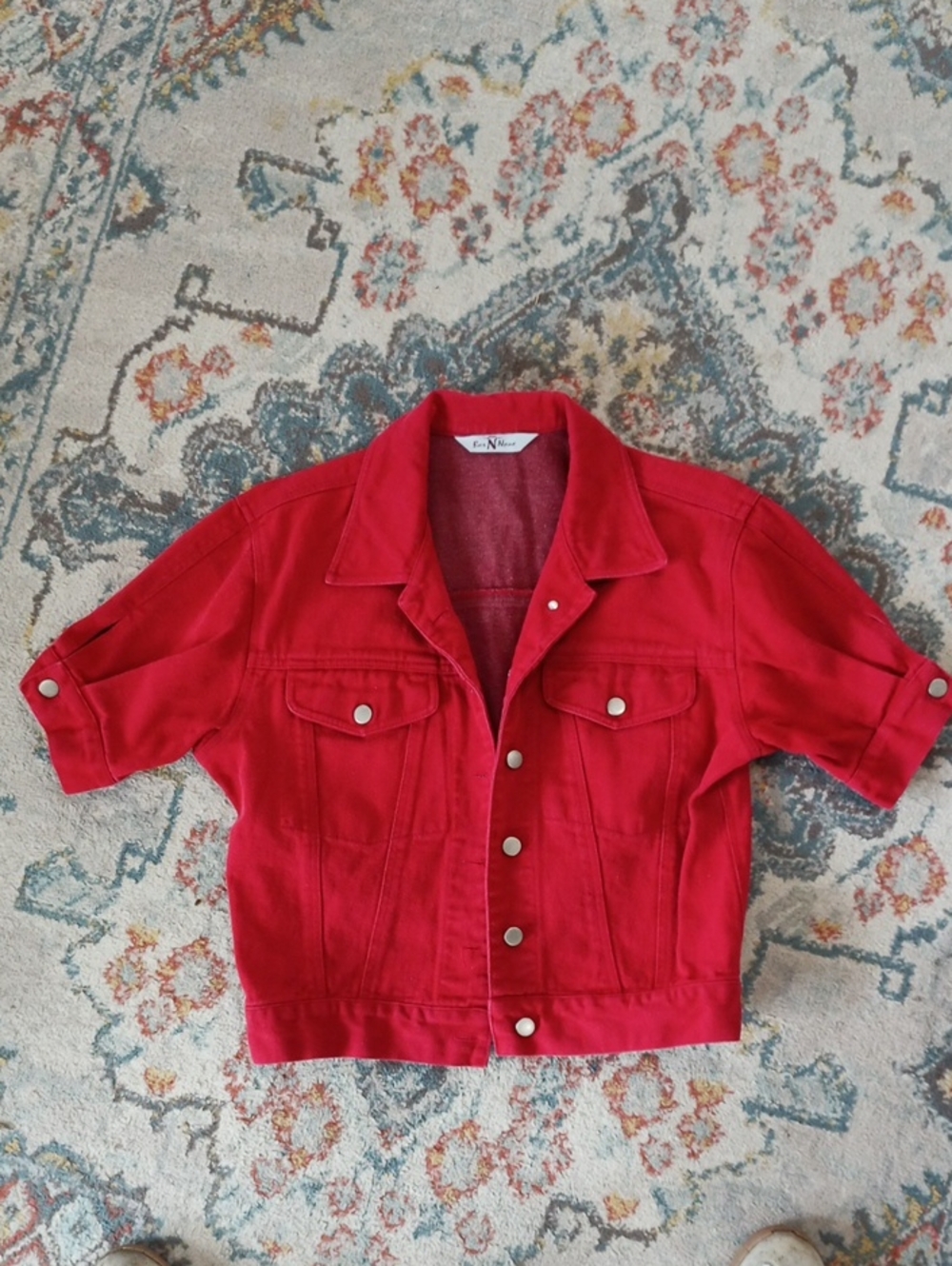 Red Short-Sleeve Oversized Denim Jacket Women
